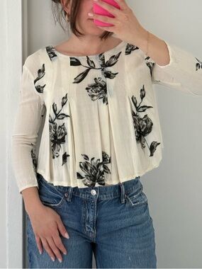 Kimchi Blue Cream Blouse with Black Floral Print